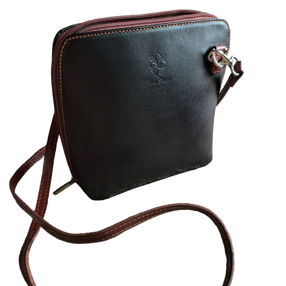 Small Black Tan Italian Leather Handbag with Detachable Straps Genuine Leather